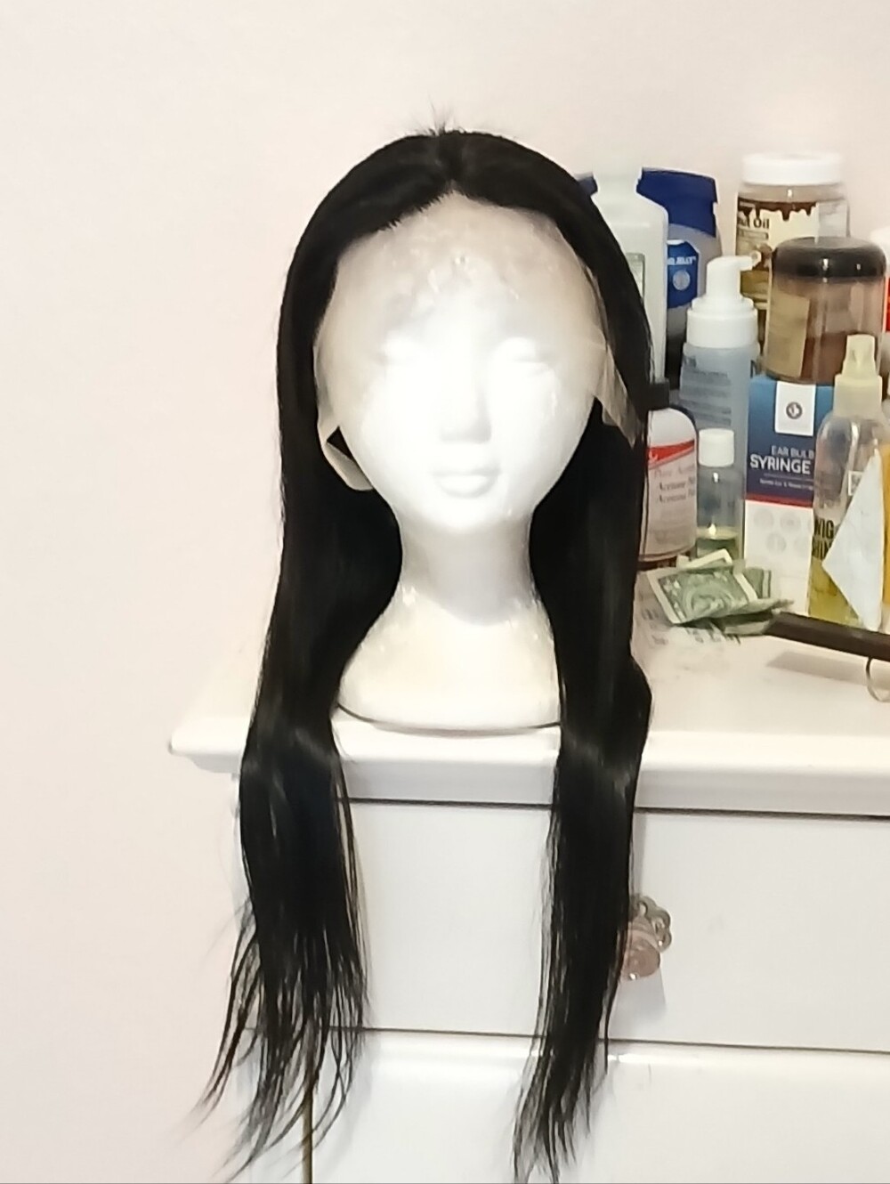 Free Part Black Straight Lace Front Wig (Hybrid Blend-22 Inches)